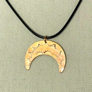 Handmade stamped sun brown copper pendant black adjustable leather cord necklace